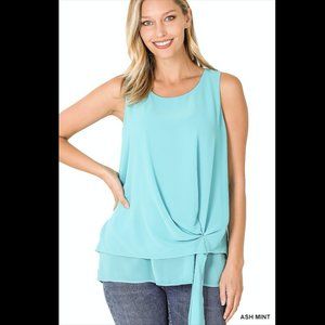 Light Teal chiffon sleeveless blouse with self tie detail
